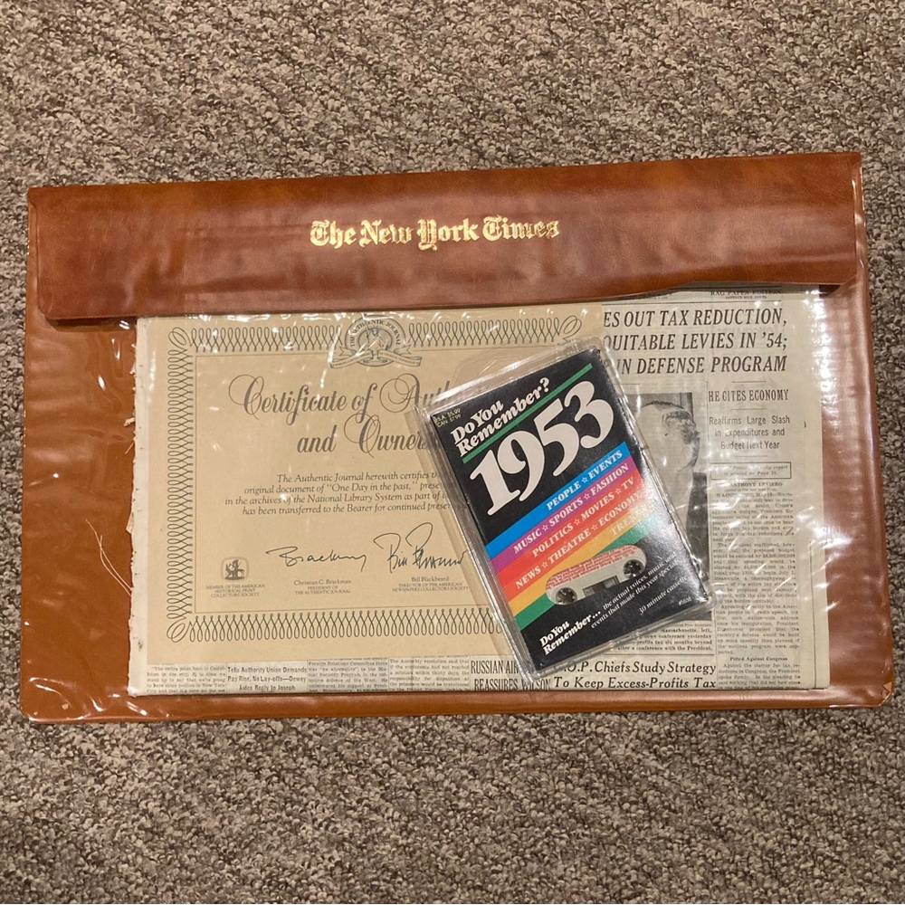 Vintage bundle 1953 New York Times newspaper in vinyl protective case+ 1953 tape